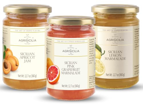 Agrisicilia Marmalade & Jam Variety Pack – Sicilian Apricot, Pink Grapefruit & Lemon – Authentic Italian Fruit Spread with Peel, Made in Sicily, 12.7 oz per Jar, Box Packaging