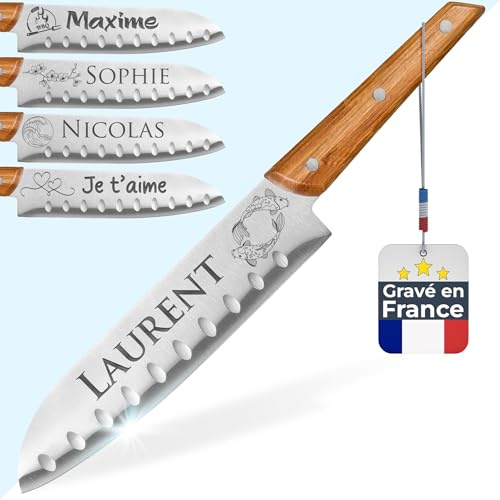 Couteau de cuisine personnalisé - Couteau de chef personnalisable - Santoku à personnaliser - Manche en bambou - Lame acier inoxydable gravé - Idée cadeau fête des pères, homme, anniversaire (Santoku)