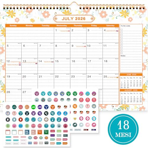 Benjia Calendario da muro tavolo 18 Mesi, A4 calendari Luglio 2026 a Dicembre 2027, calendario famiglia ufficio, planner mensile Calendari per Parete, planning mensile con adesivi del piano (Fiore)