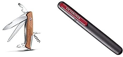 Victorinox Ranger Wood 55 Swiss Army Pocket Knife, Large, Multi Tool, 10 Functions, Locking Blade, Wood & Dual Knife Sharpener, Swiss Made, Portable, Black/Red