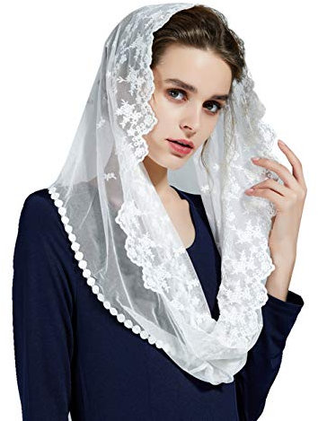 BEAUTELICATE Mantilla Katholisch Damen Schleier Spitze Schal Stola Kopftuch Schwarz Weiß für Hochzeit Messe Kirche Kapelle Brautschleier V111 (Weiß, Einheitsgröße)