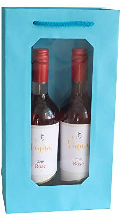 10 x 2er Present Fill® Premium Flaschentasche Azurblau mit Fenster | 100% Recycling Kraft Papier 210 gr. stark Made in Europe | Geschenktaschen | Geschenktüten | Flaschen Verpackung