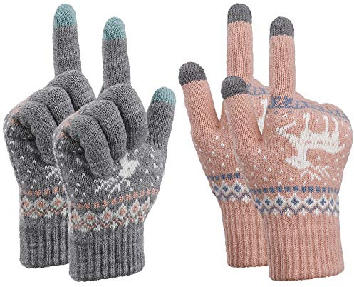 MengH-SHOP Guanti Donna Invernali Termici a Maglia per Smartphone, 2 Paia (Rosa e Grigio)