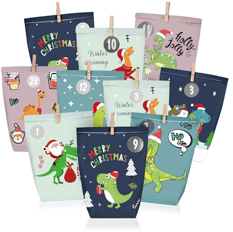 adventskalender zum Befüllen, 24 Weihnachtskalender Geschenk Papiertüten Groß zum Selber Befüllen,Motiv Farbenfroher Dinosaurier ,Kraftpapiertüten Advents Tüten Selbstbefüllen für Kinder & Erwachsene