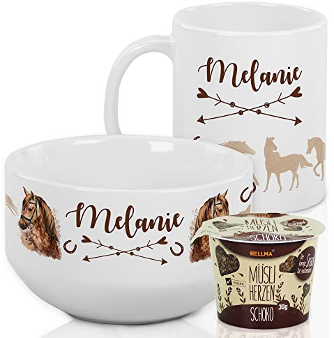 GRAZDesign Frühstücksset Pferd mit Name – Müslischale & Tasse Keramik | Personalisiertes Geschenkset aus Keramik für kleine Pferde-Fans