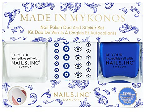 Nails Inc Made In Mykonos Duo & Stickers, Long Lasting, Glossy Nail Colour, High Shine, Air Dry, Full Coverage, Chip Resistant, Salon Quality Manicure, Nail Kit, Cruelty Free, Vegan, 2 Piece Set