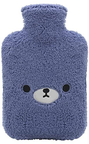 samply Wärmflasche mit kuschelig weichem Bezug, groß 2 Liter, süße Wärmflasche zur Schmerzlinderung (Dunkelblauer Bär)