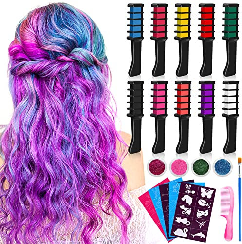 Erinnmy 10 Stück Haarkreide Kamm,Temporär Haarfarbe Kreide Kamm,Temporäre Haarfarbe HaarfarbeKamm Auswaschbar Ungiftig für Kinder Mädchen Erwachsene Geburtstag Geschenke Party Karneval Halloween