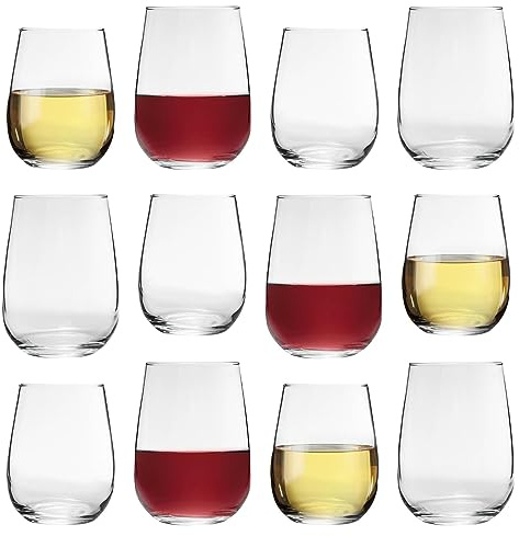 LAV 12pc Gaia Stemless Wine Glasses Set - Large Glass Red White Rose No Stem Cocktail Party Drinking Goblet Gift Set