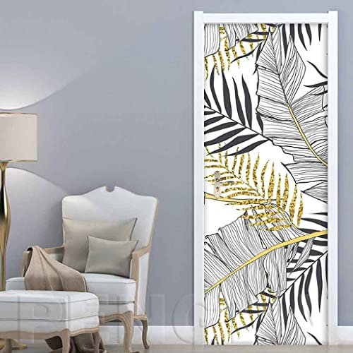 Türfolie Türtapete Türposter Selbstklebend 3D Fototapete Klebefolie Tür Mit Motiv Türaufkleber Kinderzimmer Goldene Pflanzenblätter 77 X 200 Cm