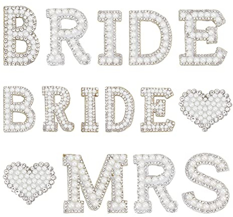 FINGERINSPIRE Perlen Braut Aufnäher Zum Aufbügeln/Aufnähen Buchstaben Herz Applikation Strassstein Englischer Buchstabe BRIDE MRS Perlen Glitzer Alphabet Applikation Für Hochzeitskleid Stoffdekor