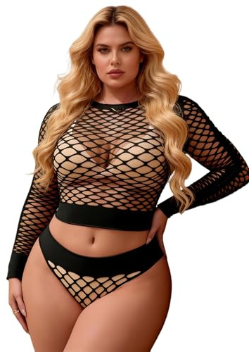 ohmydear Plus Size Lingerie Set Fishnet Babydoll Bodysuit Sexy Rave Outfits | Stretch, Crop Top and Shorts, Hollow Out Body Suit, Alt Clothes, Festival Outfit Women, Flattering Curves for Party, Clubwear