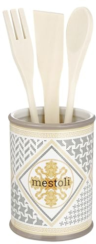 Baroni Home Portamestoli Decorato in Ceramica con Mestoli Inclusi, Accessorio da Cucina Colorato Resistente, Linea Domus, 11x11x25 cm