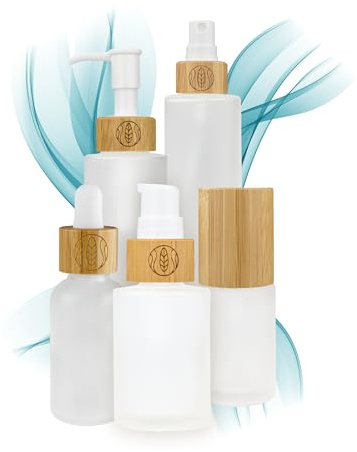 Wachsmann Sprühflasche & Pumpspender zum Befüllen aus Matt-Glas, 30ml, 100ml, 150ml, Pipettenflasche, Creme-spender & Seifenspender, mit Bambus für DIY-Naturkosmetik