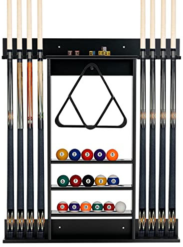 COSTWAY Billard Queue Halter Wandmontage, Wandqueuehalter für 8 Queues, 15 Billardkugeln und 1 Ballständer, aus Kiefernholz (Schwarz)
