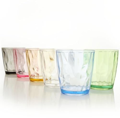 LOLYSIC 6 Pcs Coloured Plastic Tumblers 330ml, Reusable Plastic Drinking Glasses Set of 6, Stackable Diamond Pattern Plastic Cups for Water, Juice, Party, BBQ, Camping, Picnic and Home