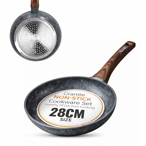 HOUSZY Non-Stick Frying Pan for Induction Hob –28cm- Non-Stick Granite Coated Skillet with Scratch-Resistant Surface, Bakelite Handle, Less Oil Use (handwash only)