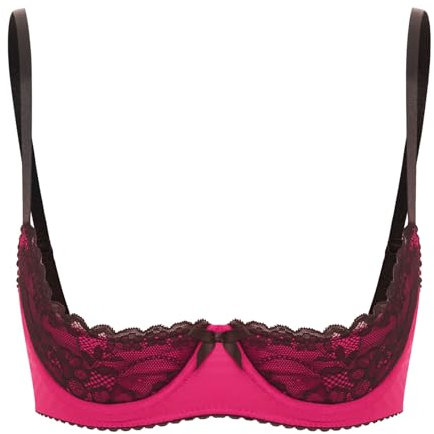 Agoky Women's Sexy 1/4 Cup Lace Bra Padded Unlined Underwire Push Up Balconette Every Day Bra Hot Pink E XL