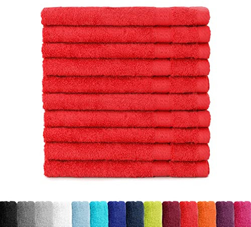 BaSaTex - Serviettes invité en éponge 30x50 en Lot de 10 | Serviette invité 100% Coton Made in Green | Couleur : Rouge
