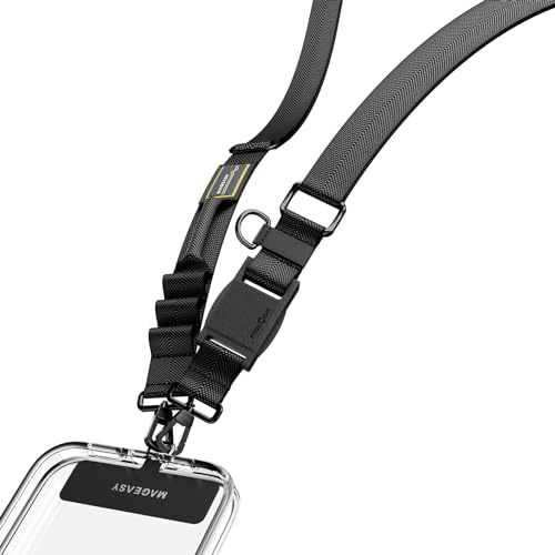 MAGEASY Utility Phone Lanyard Crossbody Strap with Quick-Lock Buckle + 360° Rotatable Hook + Attachment Loops for Keys, Hands-Free iPhone Holder for Travel Hiking Concerts (Black)