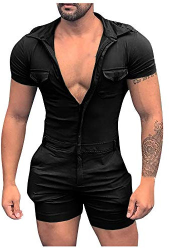 Jumpsuit Herren | Overalls Kurz Männer Sommer T-Shirt Sommerjumpsuit Schlafanzug Kurzer Jogginganzug Trainingsanzug Overall mit Taschen (Schwarz, 3XL)