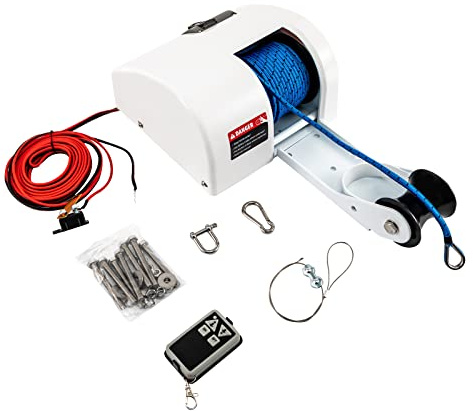 SOLOCJNL Ankerwinde Kit, 12V White Marine elektrische Ankerwinde mit drahtloser Fernbedienung, versiegelte Membran Auf/Ab Schalter für Boote mit 20 lb Anker