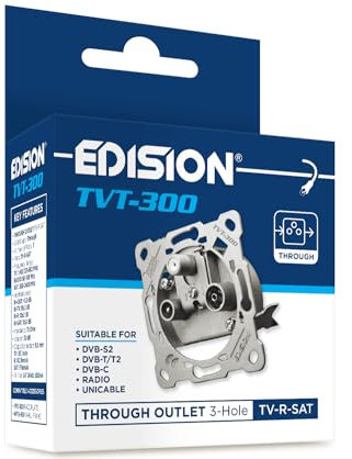 EDISION Antenna socket satellite universal TVT-300, through-socket TV-R-SAT flush-mounted 3-hole, suitable for Sat DVB-S2, unicable, terrestrial DVB-T/T2, cable DVB-C, radio, FM, DAB+, DC pass, 3