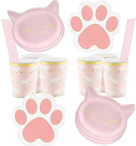 Katzen Partygeschirr 56 Teile - Partygeschirr für 12 Personen | Einweg-Geschirr mit Katzen-Tellern, Bechern & Pfoten-Servietten, für Mädchengeburtstag, Kitty Party & Katzenfans