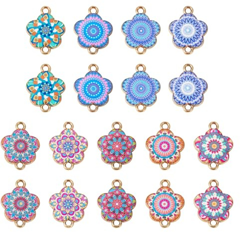 Crafans 18 x Blumen-Emaille-Verbindungsanhänger, 9 Farben, bedruckt, Kaleidoskop-Muster, Glieder-Anhänger, antiker böhmischer Stil, Blumen-Anhänger für DIY-Ohrringe, Schmuckherstellung, Emaille