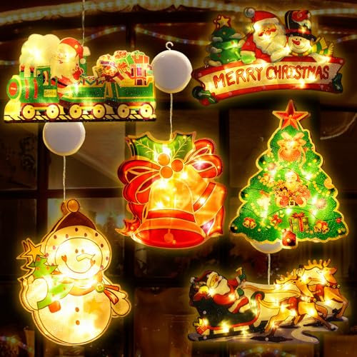 Booaee LED Saugnapf Weihnachten Lichter,6Stk Weihnachtsbeleuchtung Fenster Weihnachtsdeko Fenster Weihnachts Licht Hängende Fensterlich Leuchte Fensterdeko Lichterkette Weihnachten Innen Aussen Deko