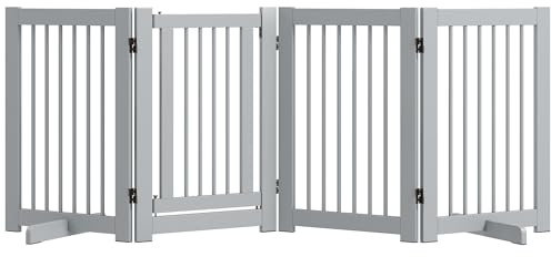 PawHut Griglia di protezione autoportante con piedini, 204 x 75 cm, in legno, per cani, scale, porte, cucina, corridoio, 4 pannelli, grigio chiaro