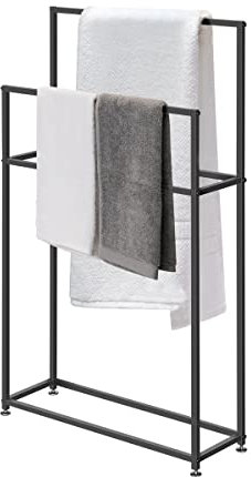 Schwarzer freistehender Handtuchständer für Badezimmer, Handtuchhalter aus Metall, für 2 große Handtücher, kann auch als Kleiderständer verwendet werden, 65 x 20 x 110 cm