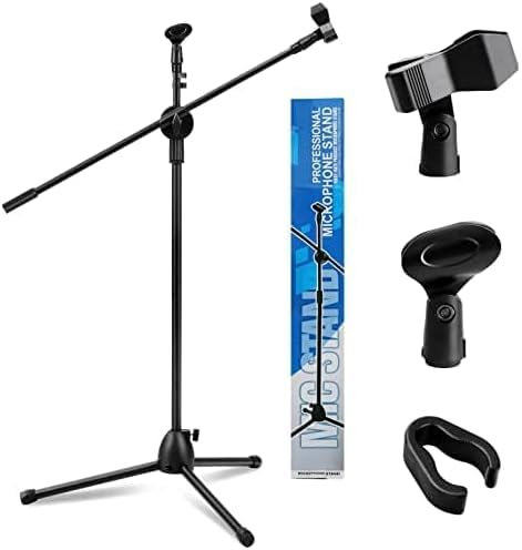 Microphone Stand with Telescopic Boom, 82-139cm Adjustable, Portable, Collapsible Studio Holder with Tripod Base, Mic Clip Adapter