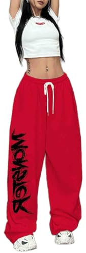 Women's Letter Printed Hip-hop Street Sports Pants, Loose Straight Leg Wide Leg Pants, Jazz Street Dance Pants (Red,XXL)