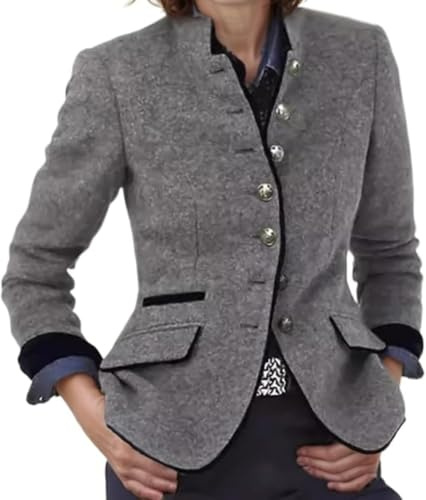 Goolecrimp Blazer Monopetto in Tweed da Donna Giacca da Ufficio Casual a Maniche Lunghe Elegante Giacca da Ufficio con Patta in Tweed a Maniche Lunghe (Grigio,S)