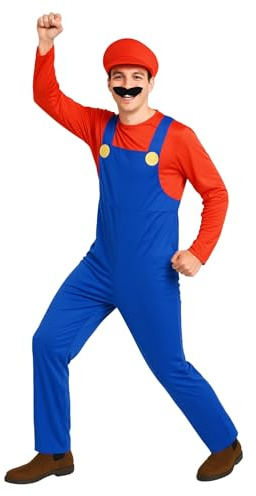 Morph Herr rörmokarkostym, röd rörmokare bror kostym män, halloween kostymer för män, Röd, L