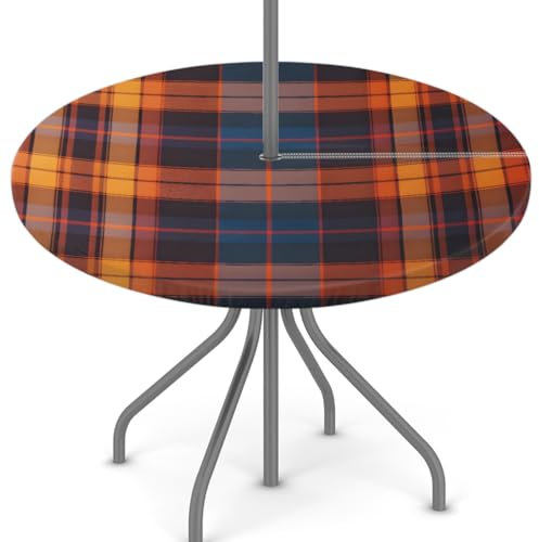 Woltant Nappe ronde avec trou de parasol et fermeture éclair facile à nettoyer avec bords élastiques - Protection de table d'extérieur pour jardin, terrasse, barbecue - Motif écossais orange et marron