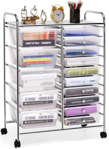 GOPLUS Carrito Auxiliar con 15 Cajones y Ruedas Giratorias Bloqueables, Carro de Almacenaje con Estructura de Acero, Carrito de Utilidad para Oficina Casa, 62.5 x 37 x 87 CM (Transparente)