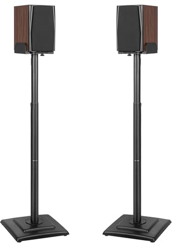 OUUTMEE Soportes de altavoz de altura ajustable 1 par, soporte de pie con bandeja ajustable para altavoces universales de satélite y estantería, soporte de pie para altavoces de estantería de hasta 5