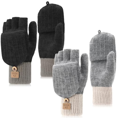 ViEinkaufen 2 Pairs Fingerless Flip Thermal Gloves Knitted Finger Touchscreen Gloves Fingerless Convertible Mittens for Men Women Skiing Cycling
