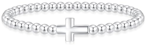 Beaded Bracelets for Women 14K Silver Gold Plated Stretch Handmade Ball Bracelets Cute Charm Bracelet Dainty Stackable Cross Heart Bow Wave CZ Circle Trendy Jewelry Easter Gifts (cross-silver)