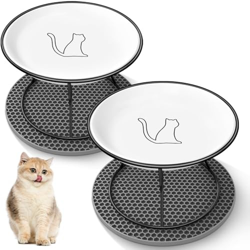 Katzennapf Erhöht FoiiLiio 2 Stück katzennapf aus Keramik mit Napfunterlage Silikon und 10CM Metallständer Katzennäpfe für Futter Wasser, Schwarz