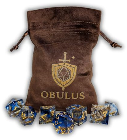 OBULUS Set med 7 blå och guld lquide hjärta tärningar med sammetspåse - rollspel tärningar DND, pathfinder, JDR - D4, D6, D8, D10, D12, D20 och D%