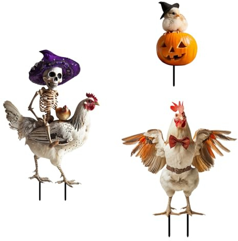 Decorazione esterna di Halloween Pali da giardino a forma di gallo antiruggine Arte in ferro battuto per miglioramento del paesaggio stagionale Confezione da 3 pali di pollo di Halloween