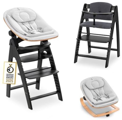 hauck Arketa Hochstuhl Newborn Set mit Eco Bouncer - Blackwashed | Mitwachsender Holz Kinderhochstuhl ab Geburt bis 130 kg | inkl. Baby Neugeborenenaufsatz & Sitzkissen