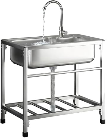 Lavello Cucina Autoportante, Lavandino in Acciaio Inox con Rubinetto Lavandino Commerciale Lavelli da Esterno Lavello di Utilità Lavabo Lavamani Industriale Garage Camper 68X44cm