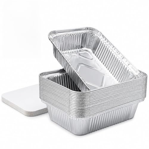 E Greenwize Aluminium Disposable Foil Food Containers with Lids, 250ml Capacity, 12 x 9.4 x 3.3 cm, Reusable Takeaway Containers for Baking Roasting Cooking Storage, Pack of 50
