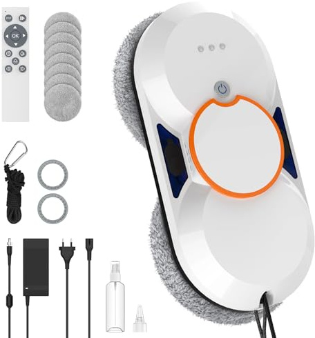 Robot Laveur de Vitre, 5600Pa Robot Nettoyeur Vitre Automatique avec Double Pulvérisation D'eau Automatique, 3 Modes de Nettoyage, Télécommande, Navigation Intelligente, Système de Sécurité＆8 Chiffon