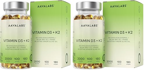 Vitamin D3 K2 MK7 (99.9% All-Trans) with Extra Virgin Olive Oil - 180 Softgels D3 and K2 Vitamin Supplements (Pack of 2)