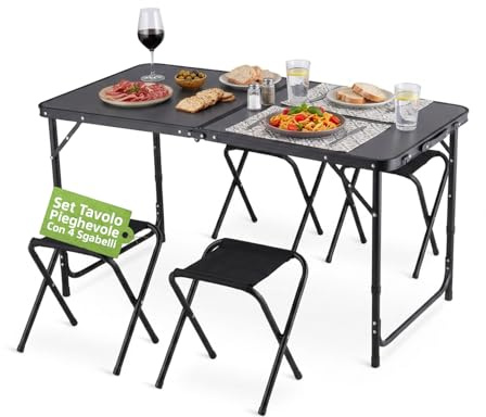 Avilia Set Tavolo e Sedie da Esterno Pieghevole con 4 Sgabelli – Alluminio, Tavolo Pieghevole da Campeggio L120×P60 cm, Altezza Regolabile 53/63/70 cm, 50 kg, Sgabelli 100 kg
